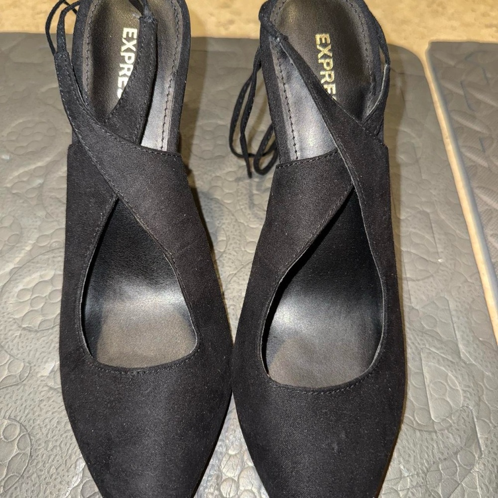 Express Black Suede Pointed Toe Heels with Cross Tie Strap